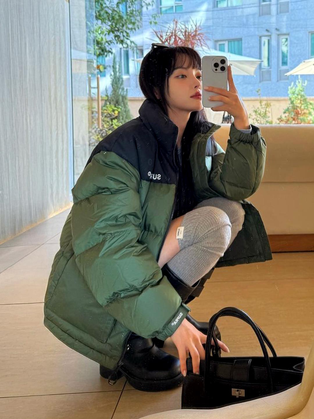 jacquard Color Block Short Down Jacket