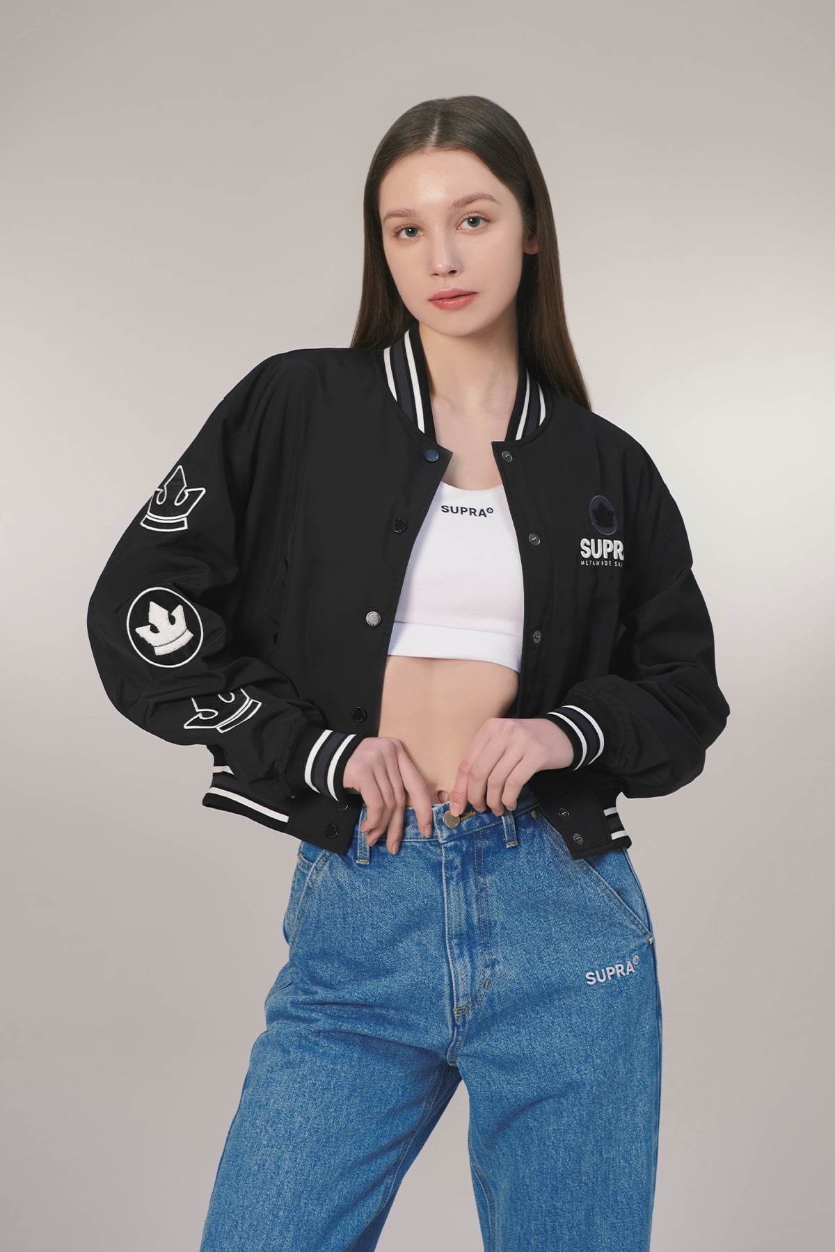 ESSENTIAL SUPRA CROWN BOUCLE EMBROIDERED VARSITY JACKET