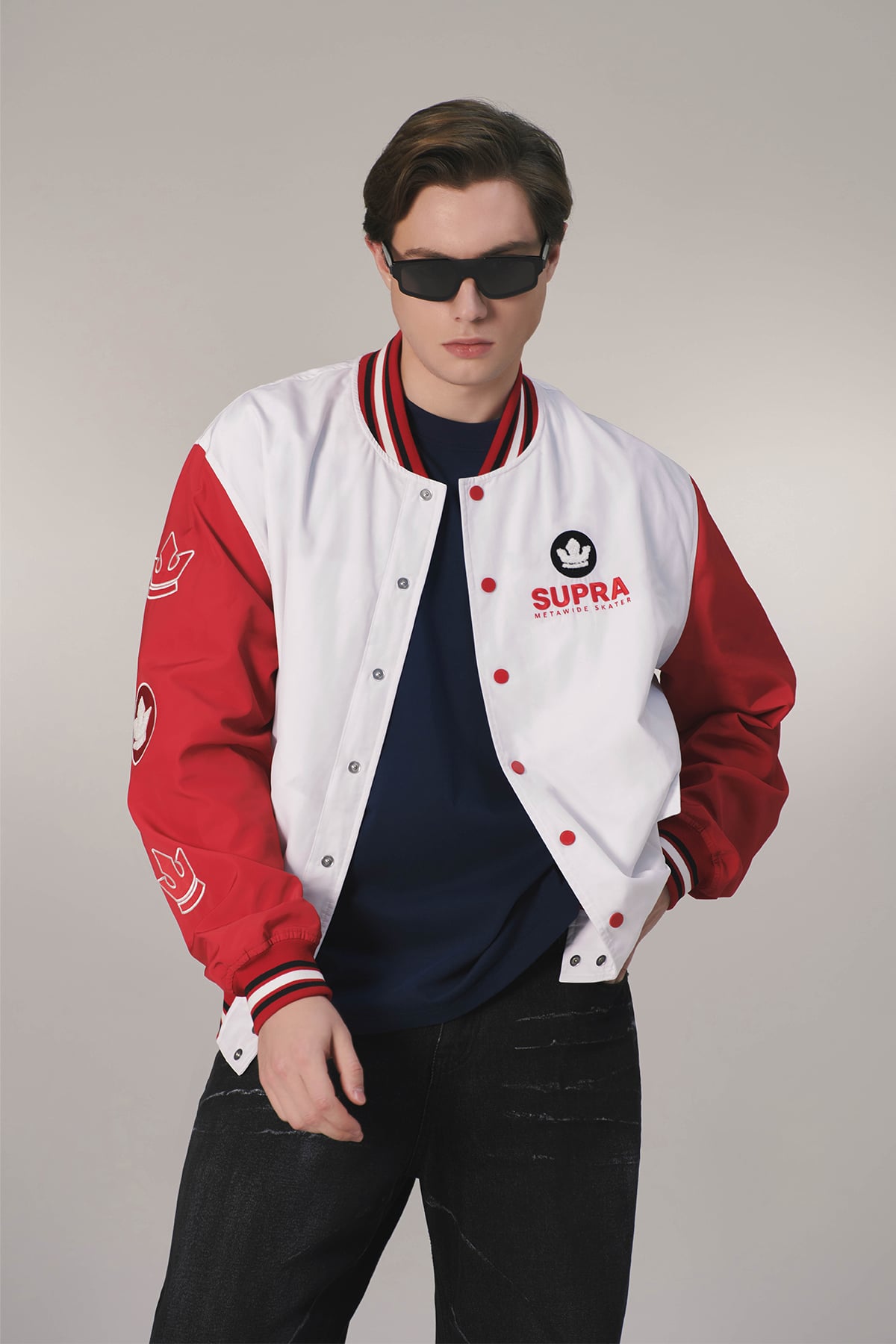 ESSENTIAL SUPRA CROWN BOUCLE EMBROIDERED VARSITY JACKET